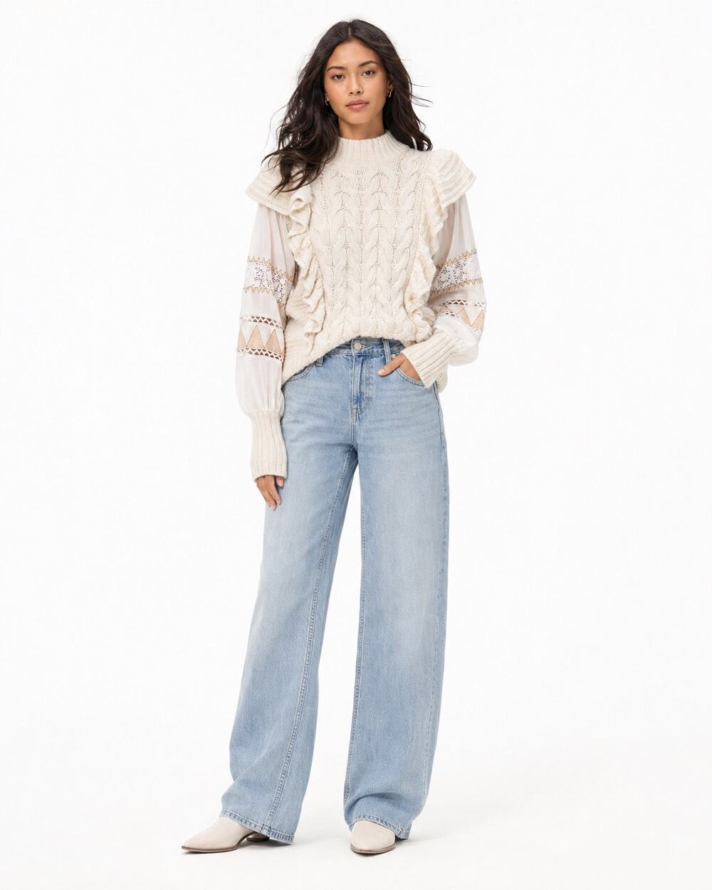 By Anthropologie Mixed Cable Knit Ruffle Sweater Petite